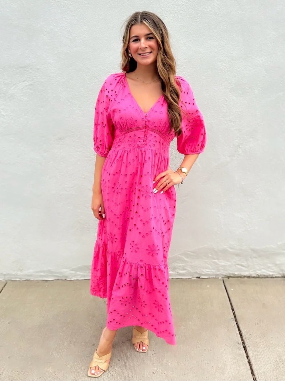 Molly Bracken Boutique Bright Pink Eyelet Vacation Daydreams Maxi Dress Large